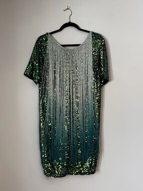 ASOS Green Sequin Fringe Short Sleeve Party Dress, sz. 10